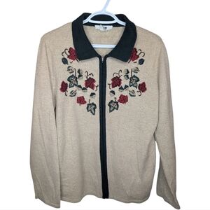ALIA Zip up Cream Green Leaf Embroidered Sweater Women Medium Grandma Knit